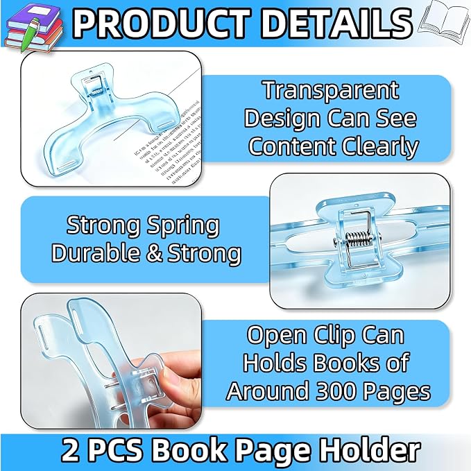 Strong Book Clip 2Pcs Transparent Blue Book Page Holder Clips，Portable Journal Clips to Hold Open，Multifunctional Practical Bookmarks Reading Book Page Holders for Cookbooks, Music Sheets, Documents