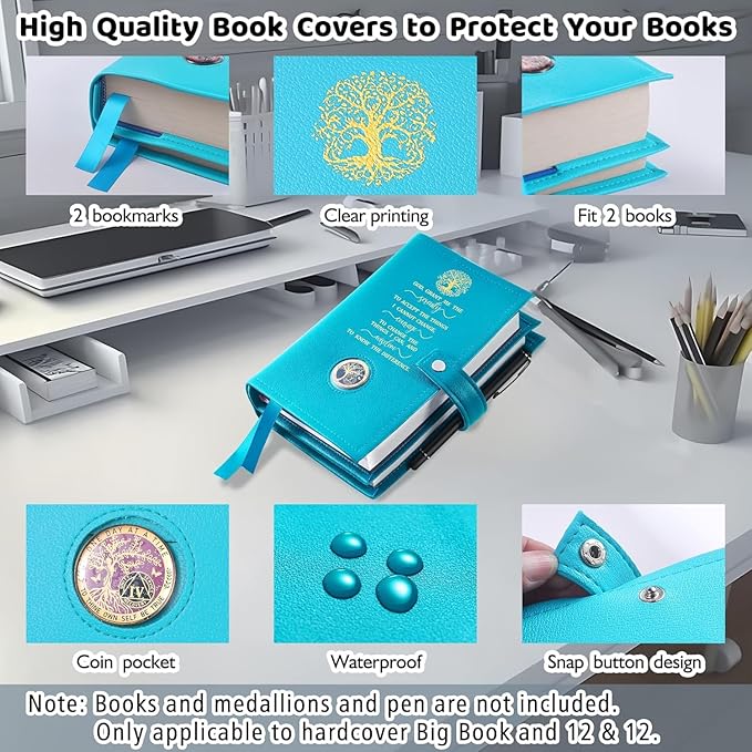 LParkin AA Big Book Cover for Big Book (Hardcover) & 12&12 - Durable PU Leather with Serenity Prayer Design, AA Book Cover with Coin Holder & Sobriety Bookmarks (Green God Grant Me)