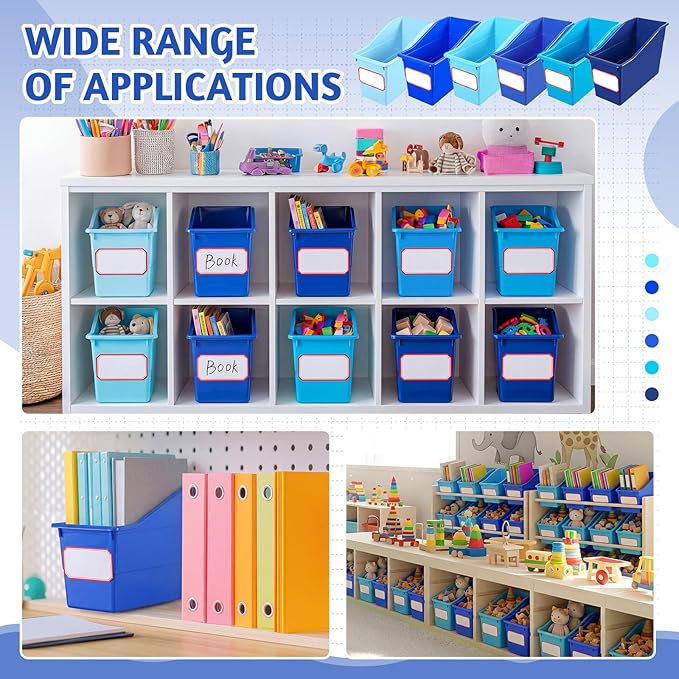 Teling 12 Pcs Book Bins Bulk - Plastic Book Storage Bin with Labels for Classroom Interlocking Magazine Holder Organizer Binder Container Box for School Office Desktop Bookshelf Home (Ocean Blue)