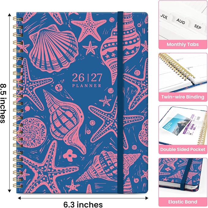 Planner 2026–2027, Weekly & Monthly Academic Organizer for School Year, Jul 2026–Jun 2027, Hardcover Planner with Tabs, Back to School Essential, 6.3" x 8.5", Coastal Whispers