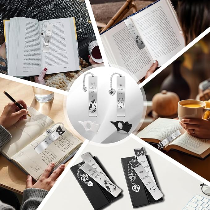 2 Pcs Cute Cat Pendant Bookmarks with Thumb Book Page Holder, Cat Lover Gifts for Women Men Reader, Ideal Book Reader Gifts & Reading Accessories(Cat A)