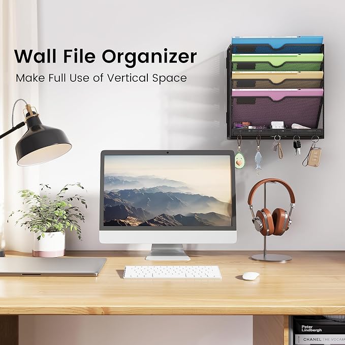 Hanging Wall File Organizer 5-Tier Wall Mount Mail Organizer & Desk Paper Organizer, Sleek Black Metal File Folder Holder for Office, Cubicle (Black-5 Tier)