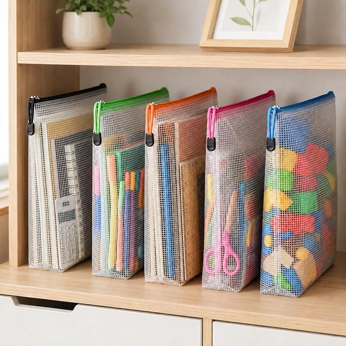 EVERECO 30pcs Mesh Zipper Pouch Bags, Letter Size A4 Mesh Bags with Zipper, Plastic Zipper Pouches for Classroom Office Supplies, Travel, Board Game Storage & Puzzle Storage