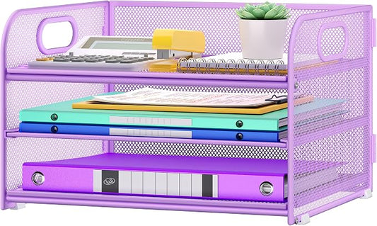 Cawukege 3 Tier Paper Organizer with Handle, Metal Desk Organizer Mesh Paper Letter Tray Desktop File Folder Document Sorter for Classroom, School, Office Accessories Storage (1, Purple)
