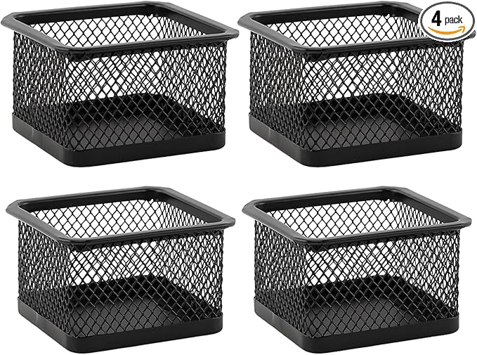 Paper Clip Holder, Stackable Mesh Desk Organizer, 4 Pack Black Metal Dispenser Organizer Box for Desk Office Binder Supplies & Small Accessories(Size:Square)