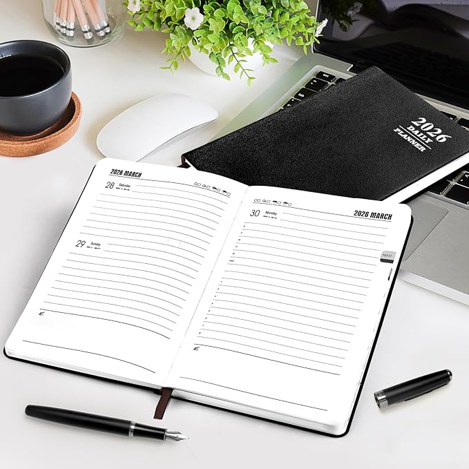 KESOTE 2026 Daily Hourly Planner - One Page a Day, 2026 Diary 5.7 x 8.3" Hardcover Monthly Agenda 12 Month A5 College Notebook Planner, Black
