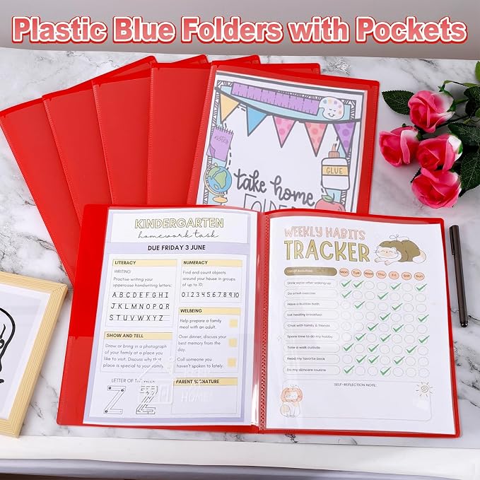 24 Pcs Back to School Take Home Folders for Elementary Students 2 Pocket Folders with Clear Front Pocket 4 Inner Pockets Plastic Parent Teacher Communication Folder 11.81 x 9.45 Inch (Red)