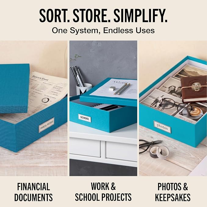 Bigso Oskar Fiberboard Label Frame Document Letter Box - File Organizer Box for Important Paperwork - Document Storage with a Lid & Label Window - 3.3 in x 10.2 in x 13.8 in - 3 Pack - Turquoise