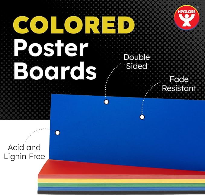 Hygloss Small Colored Poster Board 4x11 - 50 Assorted Standard Color Bulk Pack - Red, Yellow, Green, Blue, Black - 10 Pt. Thickness Poster Board Paper - Posterboard Multipack 4" x 11"