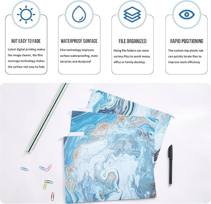 Y YOMA 18 Pack Decorative Hanging File Folders Letter Size Marble Cute Hanging Folder Pretty File Folder Organizer for Filing Cabinet Office Home with 1/5-Cut Adjustable Tabs, 3 Blue Marble Design