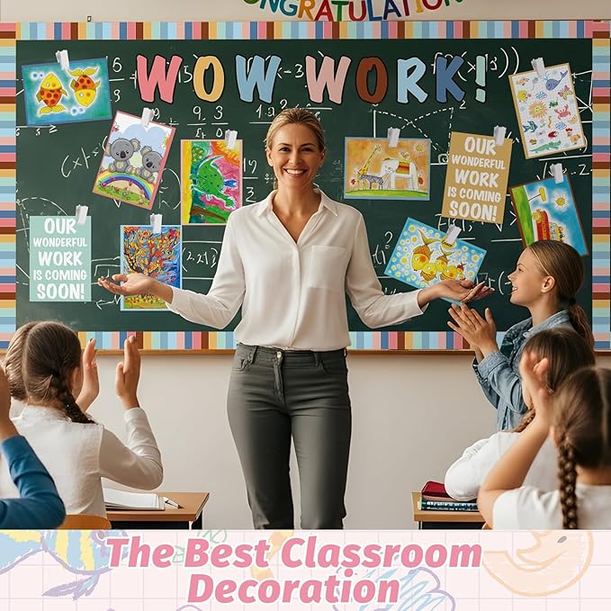Mooliwe 139 Pcs Student Work Display Bulletin Board Decoration Set Colorful Wow Works Cutouts with Clips Names Display Classroom Wall Decor for Teachers Back to School Supplies(Morandi,Elegant)