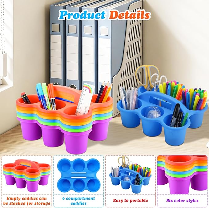 VZZNN 12 Pack Stackable Classroom Caddy Storage Basket with Handle - Fashion Classroom Storage Bins (Rainbow Colors) for Supplies Keep Desks and Work Stations Organized