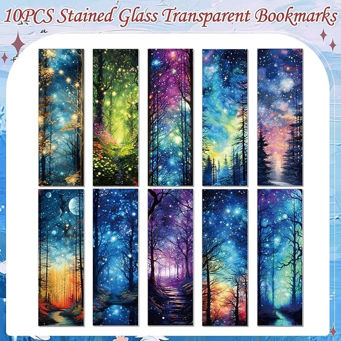 Wxiben Fantasy Forest Transparent Bookmark - 10 Pcs Starry Night Sky Transparent PVC Bookmark Moon Space Book Mark Page Clips Gifts for Women Men Book Lovers Teacher Bookish Reading Accessories