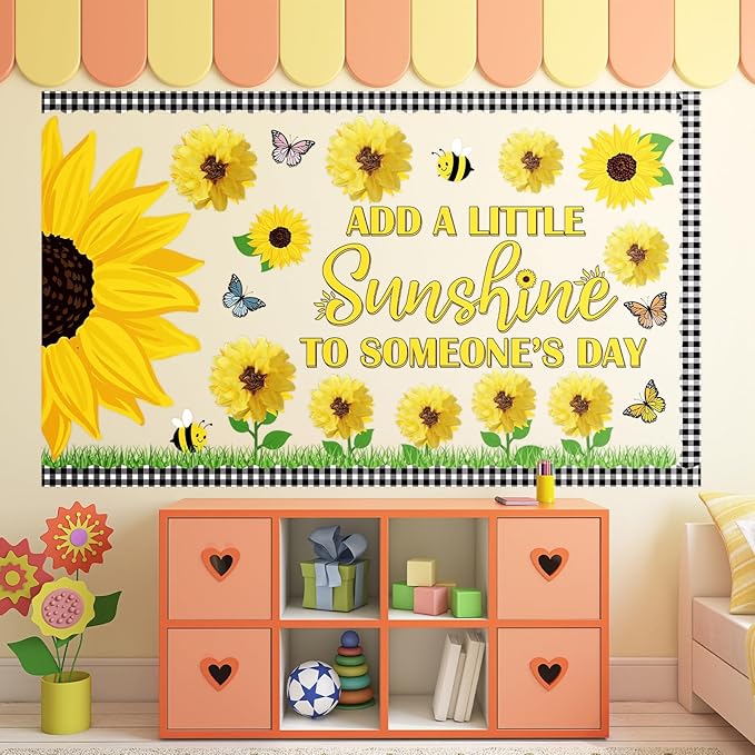 Pasimy Spring Bulletin Board Decorations Set 3D Sunflower Bulletin Board Bee Classroom Decor Honeycomb Butterfly Flower Kindness Cutouts Borders for Home Office Wall Door Window Supplies(Sunflower)