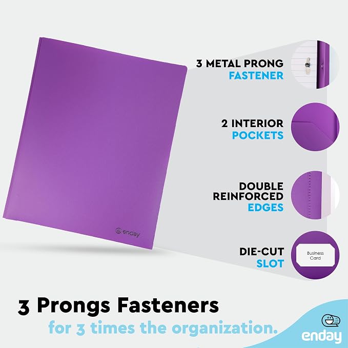 Plastic Folders with Pockets and Prongs, Two Pocket Folder with Brads, 3 Prong Folders with Pockets for Letter Size Sheets, Asstd Colors in Purple, Blue, Green, Yellow, Orange & Black, 6 Pc –by Enday