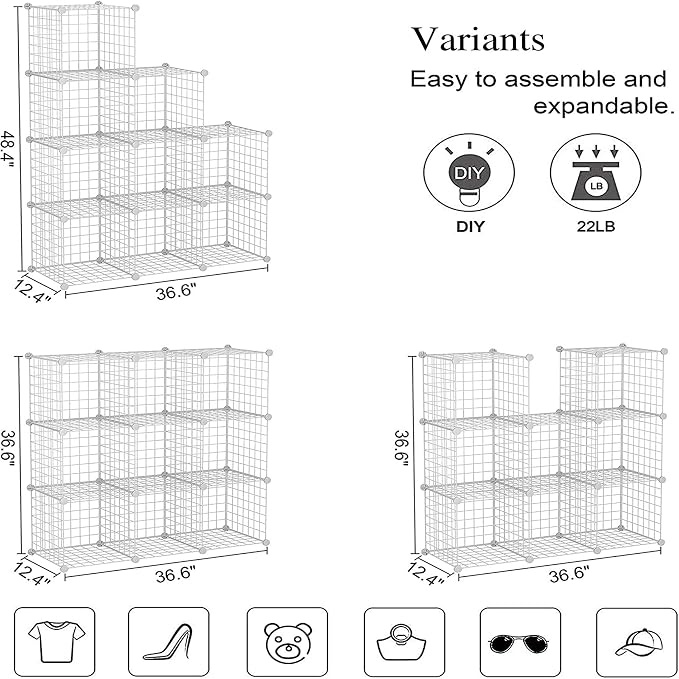 C&AHOME Wire Cube Storage, 9-Cube Organizer Metal, Wire C Grids Storage, Storage Bins Shelf, Modular Bookshelf, Closet Cabinet Ideal for Home, Living Room, Office 36.6”L x 12.4”W x 48.4”H White