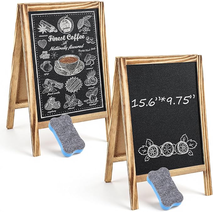 Henoyso 2 Pcs Double-Sided Tabletop Chalkboard Sign, 16"x10" Easel Rustic Wood Frame Small Chalkboard with 2 Erasers for Menu Cafes, Restaurants, Weddings Home Decor(Brown)