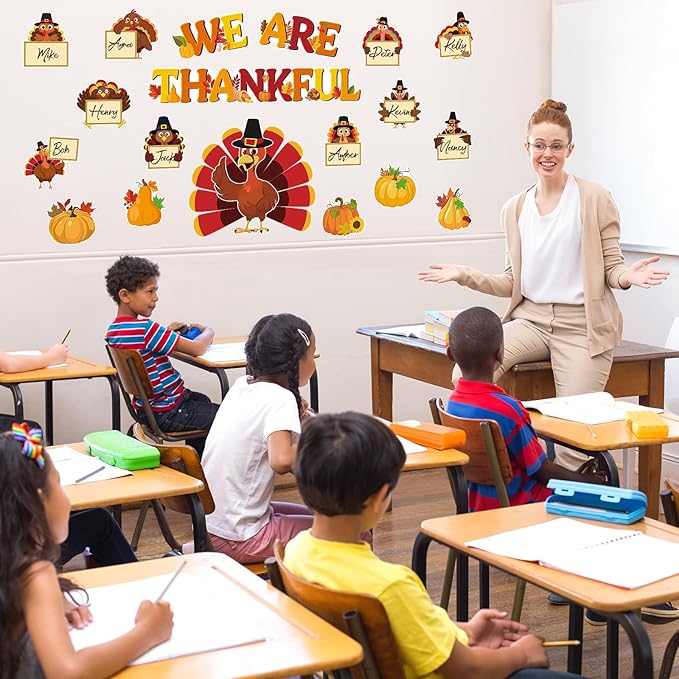 71 Pcs Thanksgiving Turkey Bulletin Board Decorations We are Thankful Classroom Bulletin Board Fall Pumpkin Turkey Maple Leaf Cutouts Decor for Autumn Harvest School Chalkboard Wall Decor Supplies