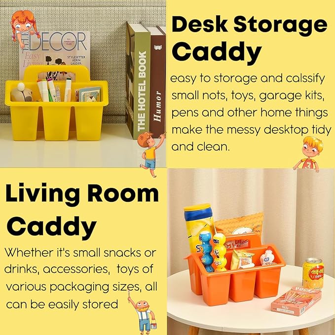 NINU Classroom Caddy Storage Basket with Handle, Plastic Arts Office Crafts Caddy 4 Compartments for Kids, Pencil, Crayon, Marker, School Supplies - 6 Pack Color