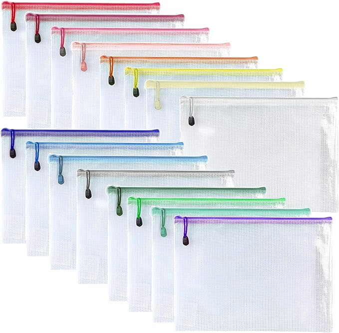 Plastic Mesh Zipper Pouch Document Folders Bag Zip File Bags for Office Supplies Storage-15 Pcs (Multicolor, 11"x 14")