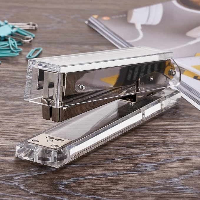 Acrylic Stapler,Clear and Silver-Tone Hardware, Beautiful Desk Accessory for Office Home or School,Takes Standard 24/6 or 26/6 Staples