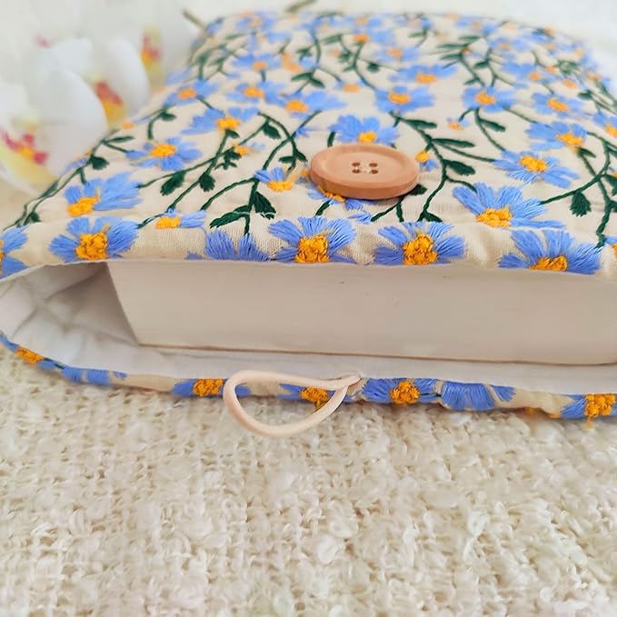 Daisy Embroidered Canvas Book Sleeve - Elegant Book Cover, Cotton Padded Protector for Paperbacks & Hardcovers, Ideal for Book Lovers, 10.6x8.7 inches, Wooden Button (Blue & Beige)