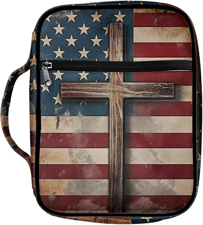 Suobstales American Flag Cross Print Bible Covers for Women Men Bible Case Bible Bag Bible Accessories with Handle and Zippered Pocket Bible Tote Bag for Women Men