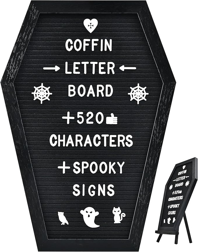 Coffin Letter Board - 520 Characters Spooky Halloween Characters with Wooden Stand and Canvas Bag - 16x11 Inches - Felt Message Board for Home Office Halloween Supplies & Decor (Black)