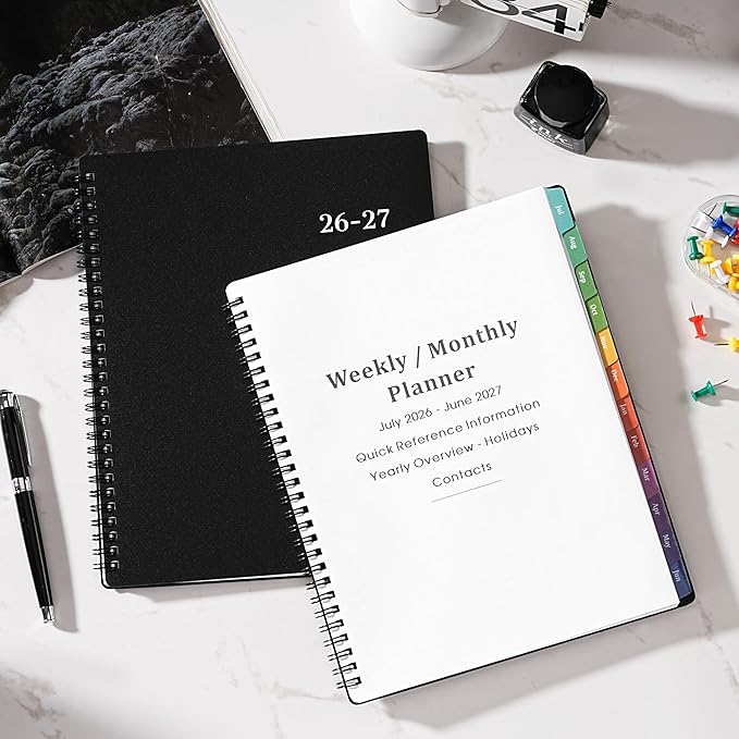 Planner 2026-2027 - July 2026 - June 2027 Calendar, 2026-2027 Planner Weekly and Monthly with Printed Tabs, 8" x 10", Flexible Cover, Twin-Wire Binding, Perfect Oganizer - Black
