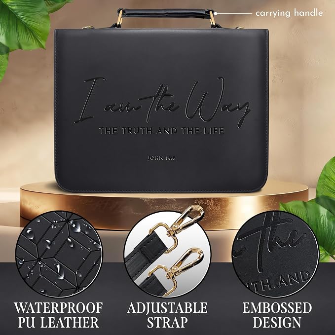 Premium Black PU Leather Bible Case with Embossed Scripture9.5¨x11.8– “I Am The Way, The Truth and The Life”- Matte Finish, 3Layer Construction, Detachable Strap, Matching Bookmark with Ribbon
