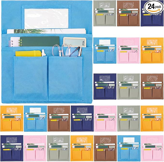 Remagr 24 Pcs Chair Pockets for Classroom Chairs, 14" x 13" Chairs Sacks with Name Tags for Chairback, Multi Pockets Storage Bags Chair Organizer for Kindergarten Elementary School(Neutral Tones)