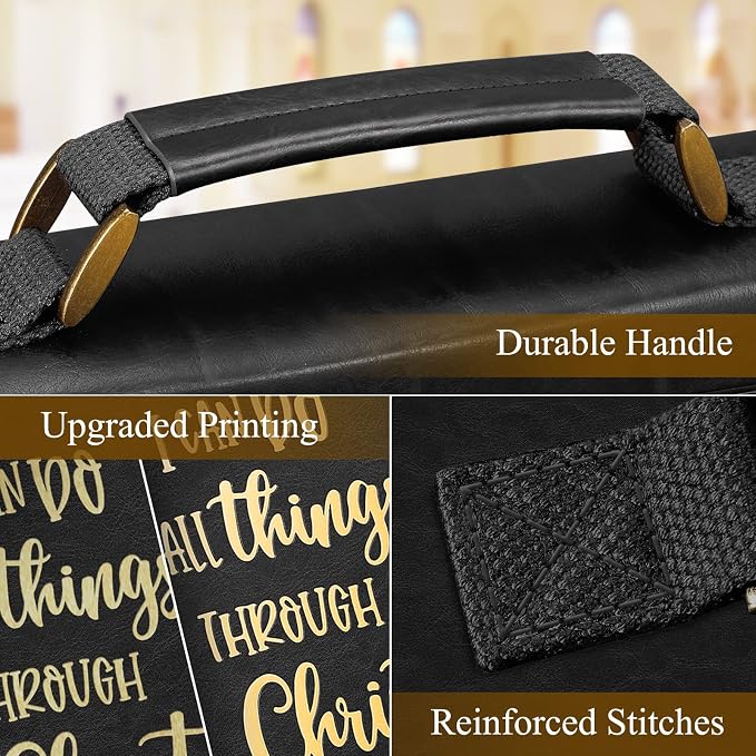 FINPAC Large Classic Bible Cover Vegan Leather Carrying Book Case Church Bag Bible Protective with Handle, Gift for Men, Women, Father, Mother, Friends, Black w/Hot Stamping