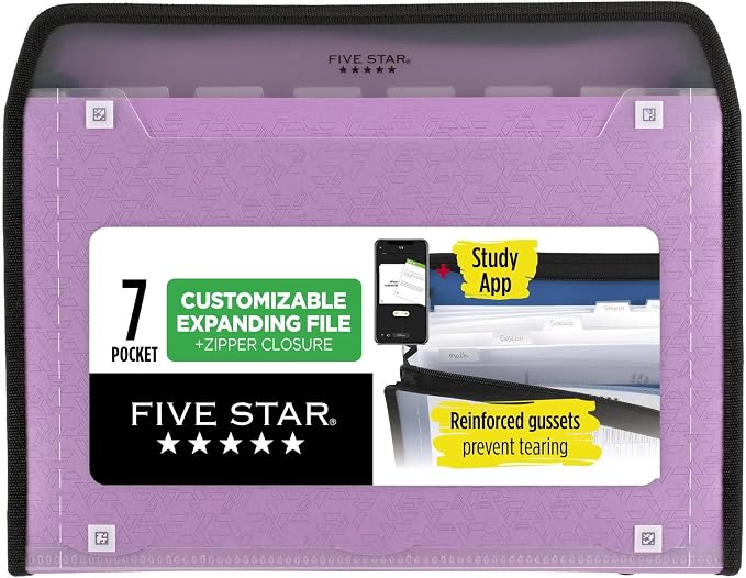 Five Star 7 Pocket Expanding File Organizer, Plastic Expandable File Folders with Customizable Tabs & Clear Cover, Holds 11" x 8-1/2", Zipper Closure, Seaglass Green (72707)