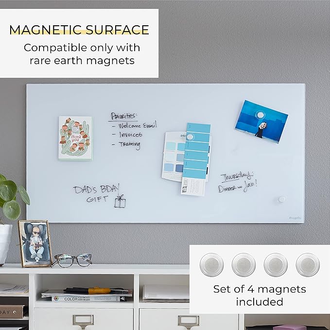 ECR4Kids MessageStor Magnetic Dry-Erase Glass Board with Magnets, 18in x 36in, Wall-Mounted Whiteboard, White