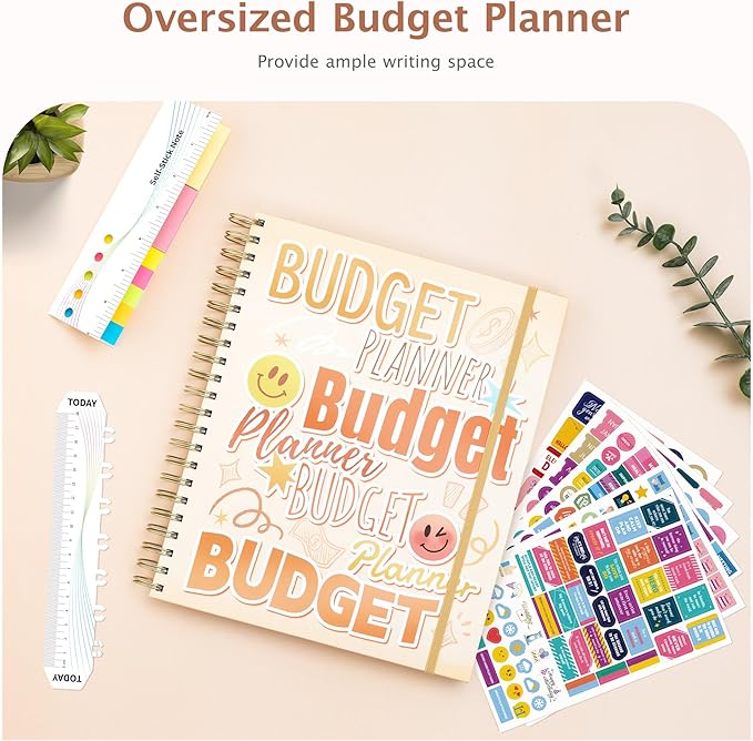 Ospelelf Budget Planner Undated, Money Expense Tracker with Pocket & Stickers, Thick Cardboard Cover, Large Pages for Spacious Writing, Original Fun Colorful Design, 12 Month Financial Notebook Beige