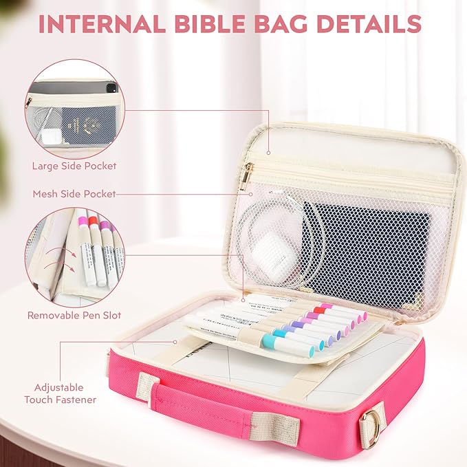 Bible Cover Case for Women Grils, Preppy Bible Bag with Adjustable Shoulder Strap, Waterproof Bible Carrying Tote Bags Holder for Bible Study Supplies Accessories & Christian Gifts (Rose Red)