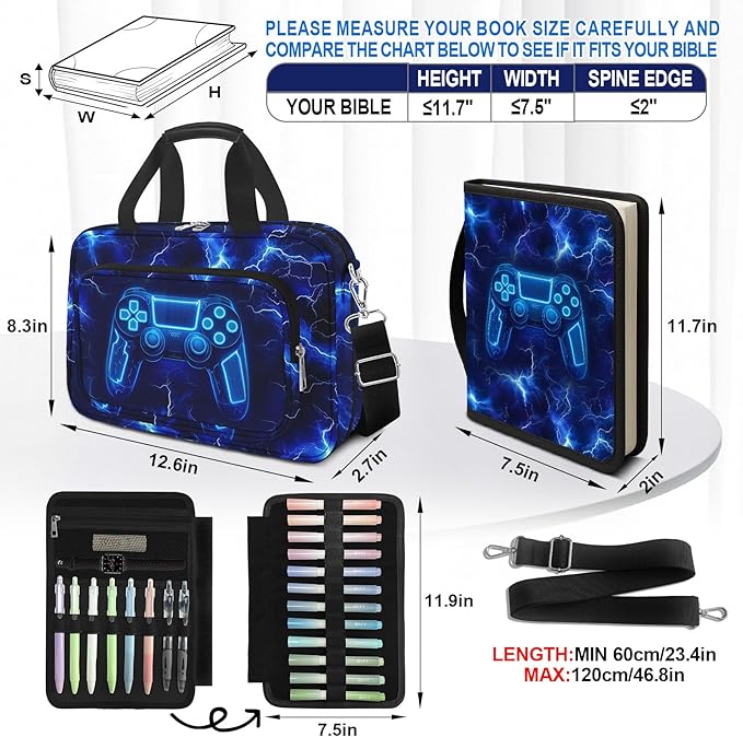 Kids Bible Cover Game Bible Case for Boys Large Carrying Book Case Church Bag Bible Protective with Handle and Zippered Pocket Study Supplies Accessories Men Christian Gifts,Lightning Game