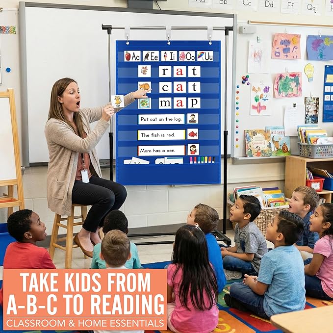 Pocket Chart for Classroom - 7+1 Blue Pocket Chart for Alphabet Learning Word Wall Calendar Daily Schedule Sentence Strips Sticker Display, Teacher Supplies for Preschool Elementary & Home