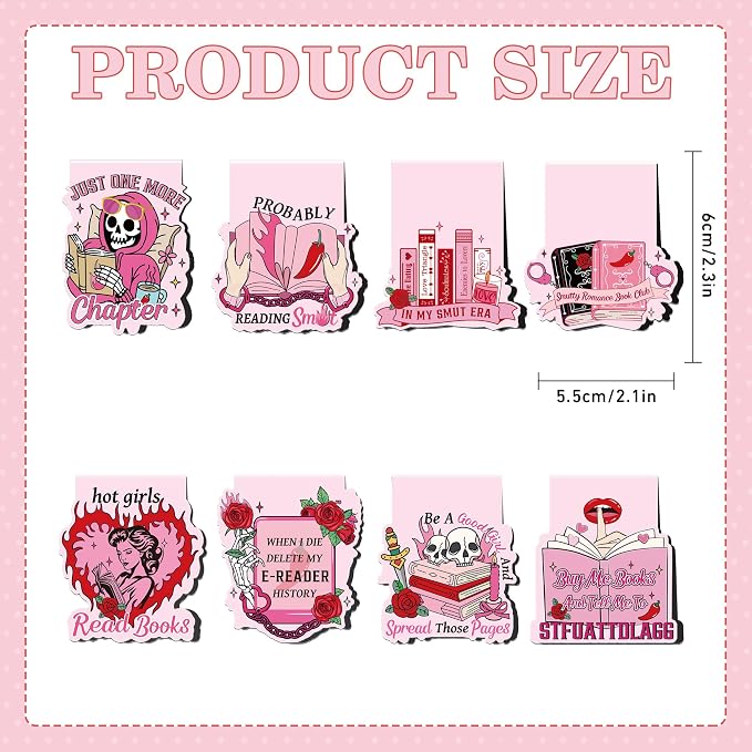 Funny Spicy Magnetic Bookmarks: 8 Pcs Smutty Romance Book Mark for Reading Women, Pink Unique Magnet Page Markers Clips, Bookish Gifts for Women Adults Book Lovers