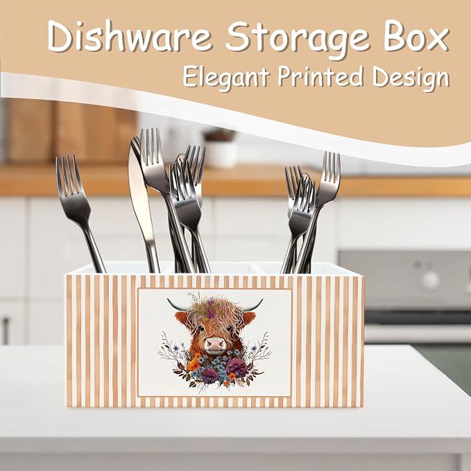 Floral Highland Cow Pen Pencil Holder Organizer for Desk, Highland Cow Lover Gifts, Farmhouse Farm Animal Heifer Wooden Box Block Sign for Home Classroom Dorm Office Tabletop Decor