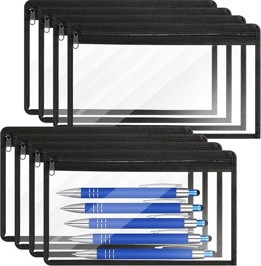 Outus 8 Pcs Clear Zipper Pouches Pencil Pouches PVC Makeup Pouch Envelopes Folder Storage Multi Purpose Pouch Document File Organization Bags, Office Supplies (Black Edging,11.5 x 7 Inches)