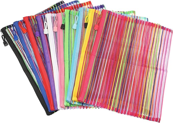 MECCANIXITY Mesh Zipper Pouches, A4 Pencil Case Document File Bags Storage Organizer for Office Supply Travel Accessory, Multicolor Pack of 10