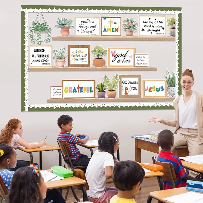 Christian Plant Inspirational Bulletin Board Set Summer Jesus Bible Verse Bulletin Board Sunday Back to School Potted Motivational Cutouts Greenery Religious for Classroom Chalkboard Wall Door Decor