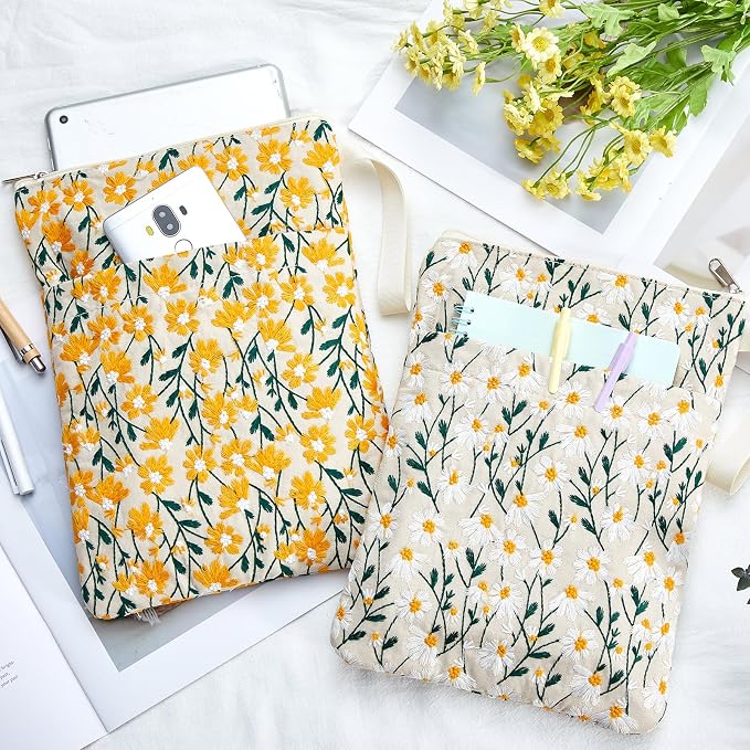 2 Pcs 12''x9'' Embroidered Daisy Book Sleeve with Handle Zipper for Book Lovers Washable Fabric Flower Sleeve Pouch for Paperbacks Hardcover, Christmas Gift for Reader Teacher Women Girls