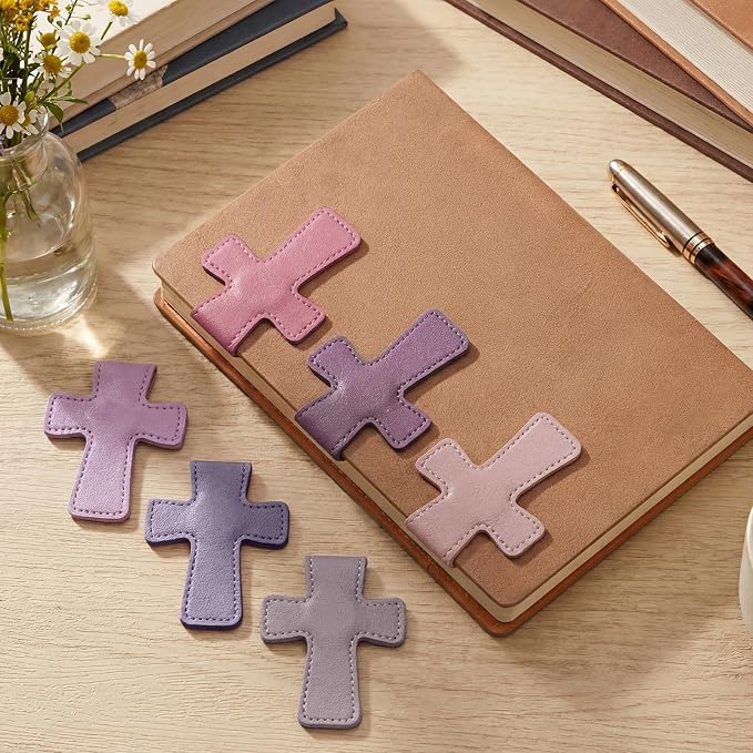 Relaxweex 6 Pcs Cross Leather Magnetic Bookmarks for Women Christian Bookmarks Page Markers Colorful Religious Cross Bookmark for Women Students Teachers Book Lovers Reading Supplies (Pink-Purple)