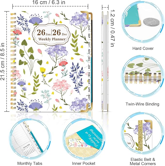 Weekly Monthly Planner 2026, Weekly Planner from Jan. 2026 - Dec. 2026, 6.3" X 8.5" Daily Planners with Tabs, Bookmark, Calendar Notebook for Women Girls, Planners Spiral Bound at School/Office