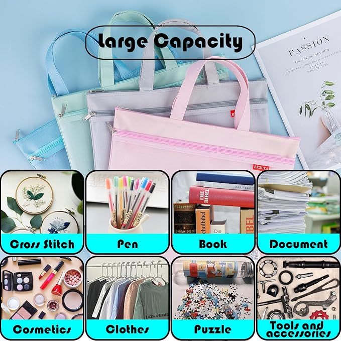 Mesh Zipper Pouch 11x13.7 in, A4 Double Pocket Waterproof File Bag with Handle, Document Storage for School/Travel/Office/Puzzle (Blue, 2pcs)