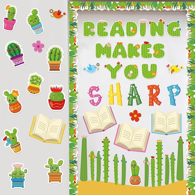 gisgfim Cactus Reading Bulletin Board Decorations Set Spring Classroom Cactus Bulletin Board Border Cutout Reading Makes You Sharp Bulletin Board Craft School Home Wall Decor Back to School Supplies