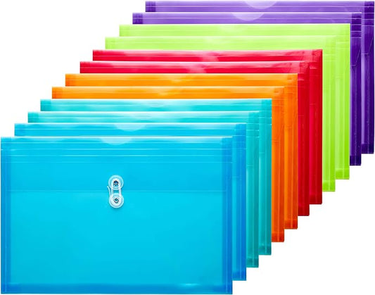 FANWU Plastic Legal Size Envelopes with String Tie Closure, 1-1/4" Expansion, Side Load, Clear File Folders Poly Project Paper Documents Organizer for Office School Home (Assorted Colors -12 P)