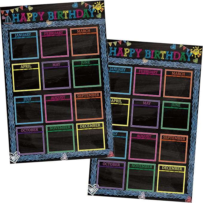 Wiooffen Happy Birthday Chart for Classroom, 2Pcs Chalkboard Birthday Poster Decoration 17" x 12" Chalkboard Birthday Cake Calendar Cutouts for School Bulletin Board, Chalkboards, Wall Decor
